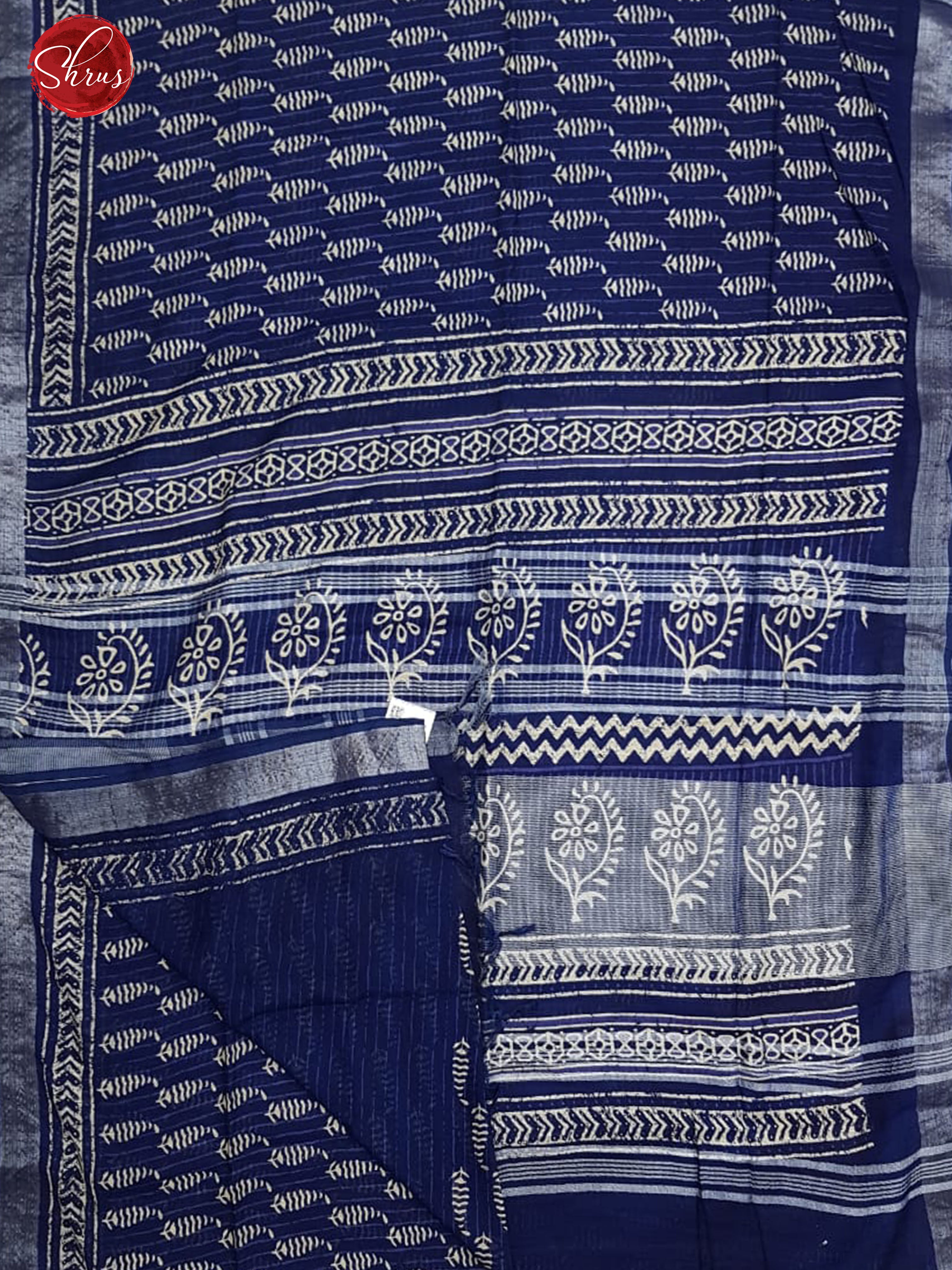 Indigo (Single Tone)- Linen with floral print on the body & Silver Zari Border - Shop on ShrusEternity.com