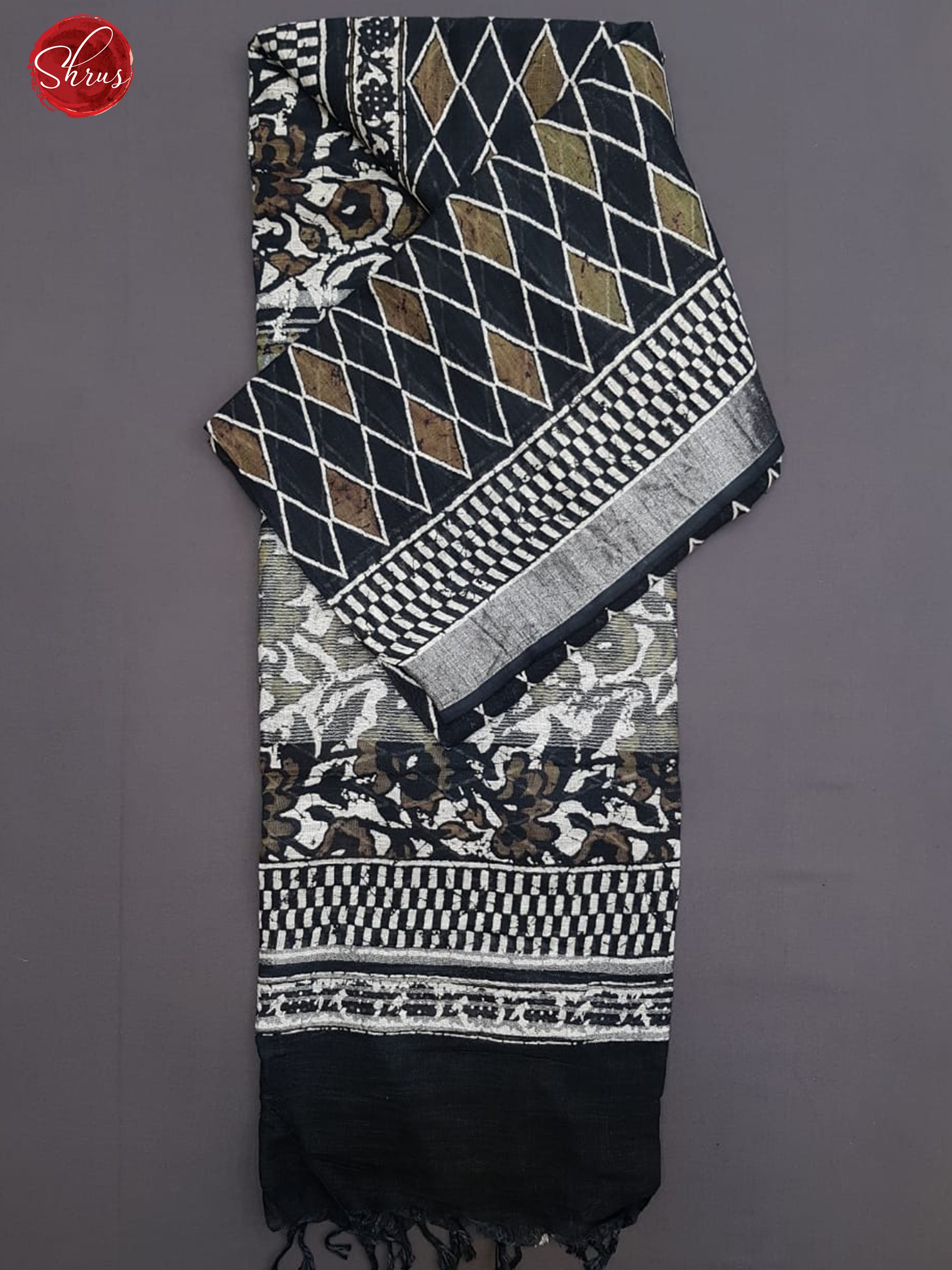 Black(Single Tone)- Linen with print on the body & Silver Zari Border - Shop on ShrusEternity.com