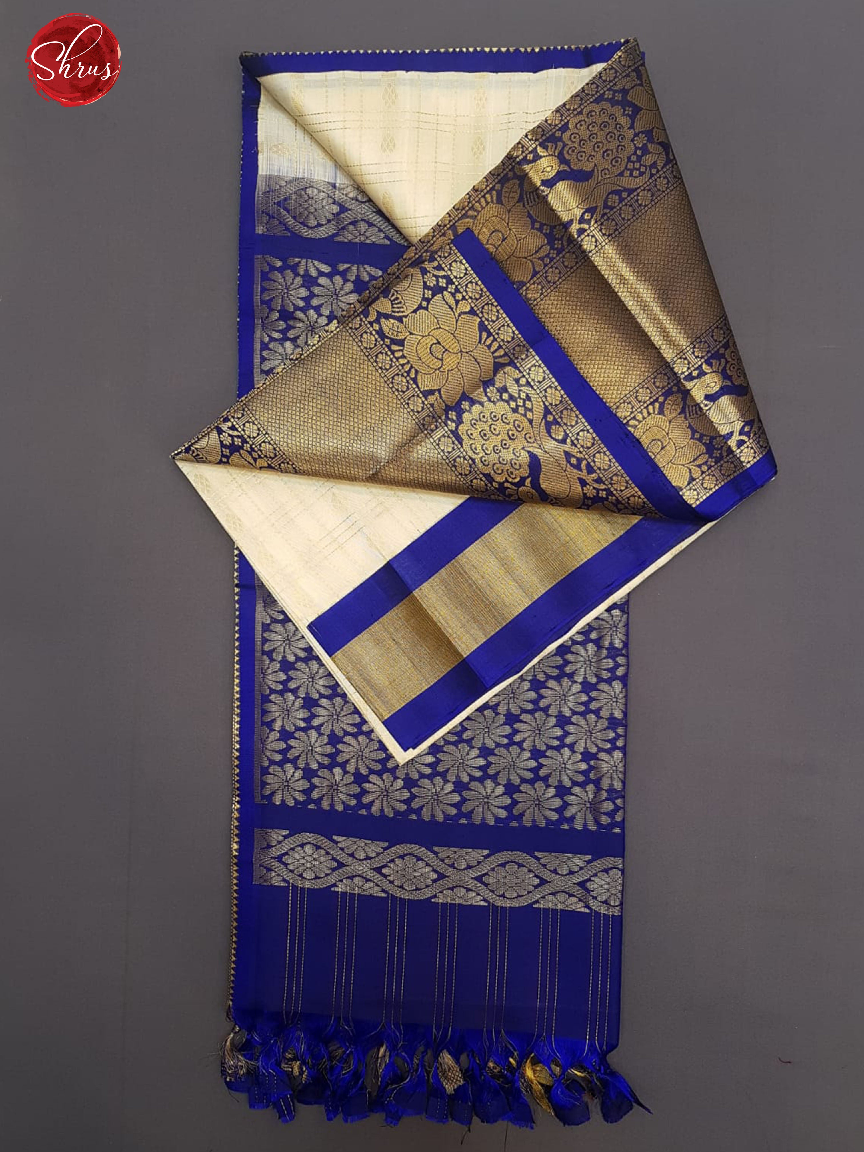 Cream & Blue- Soft silk with zari checks, buttas on the body & Contrats Zari Border - Shop on ShrusEternity.com