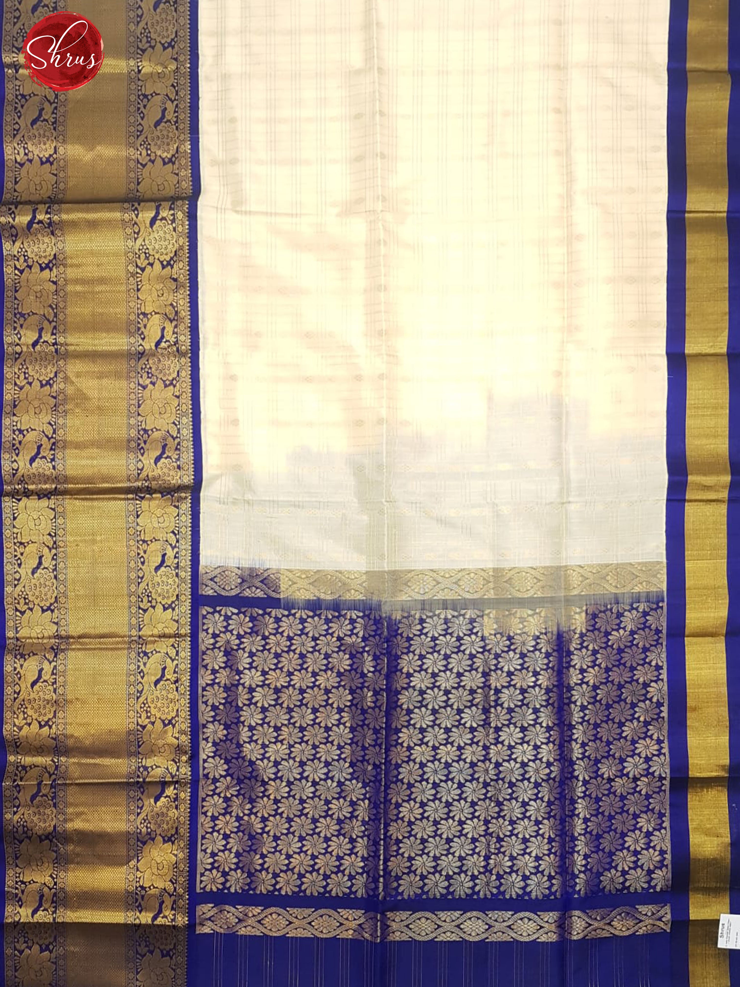 Cream & Blue- Soft silk with zari checks, buttas on the body & Contrats Zari Border - Shop on ShrusEternity.com