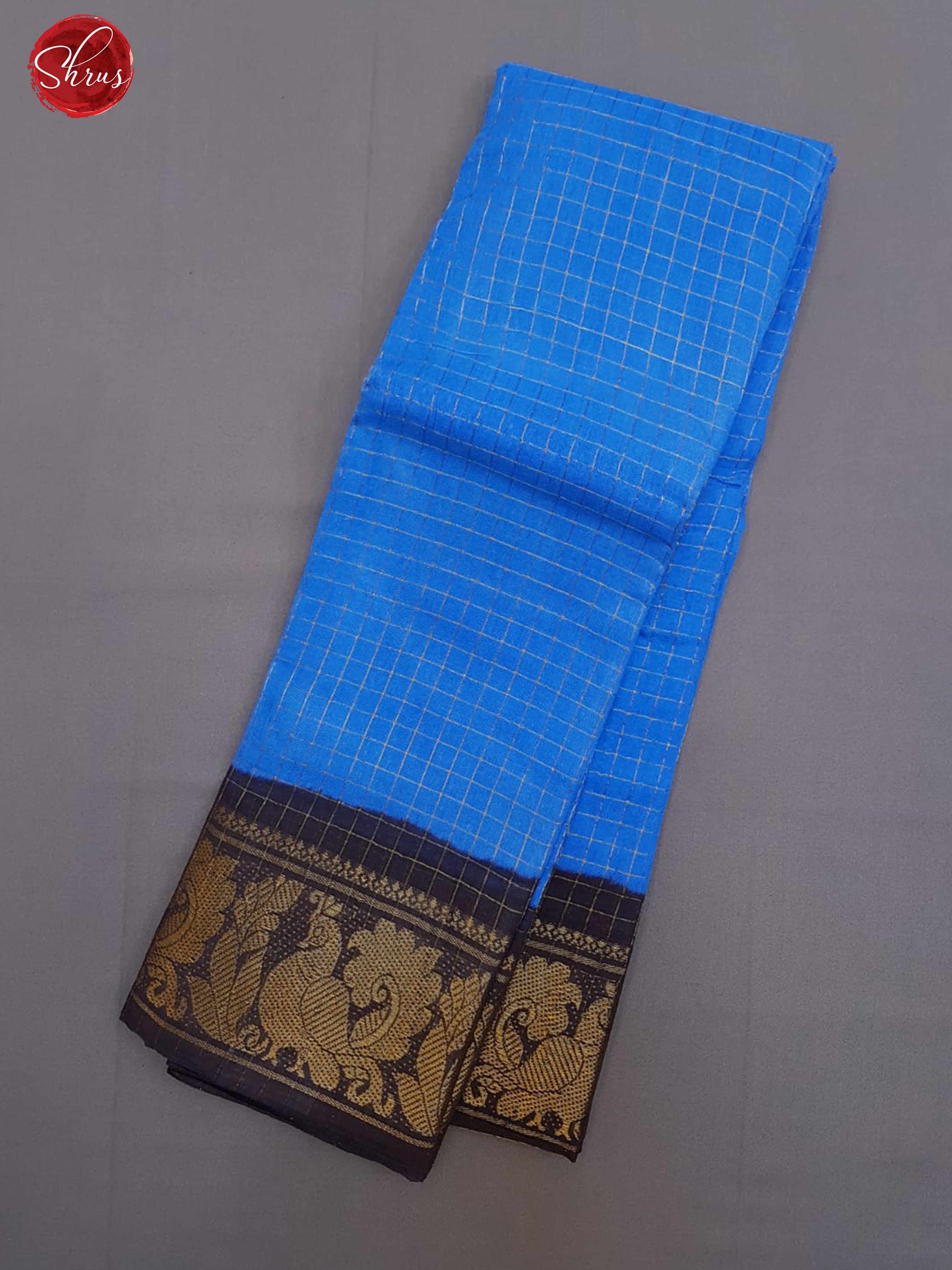 Blue & Navy Blue- SUngudi Cotton with zari Checks on the body & Contrats Zari Border - Shop on ShrusEternity.com