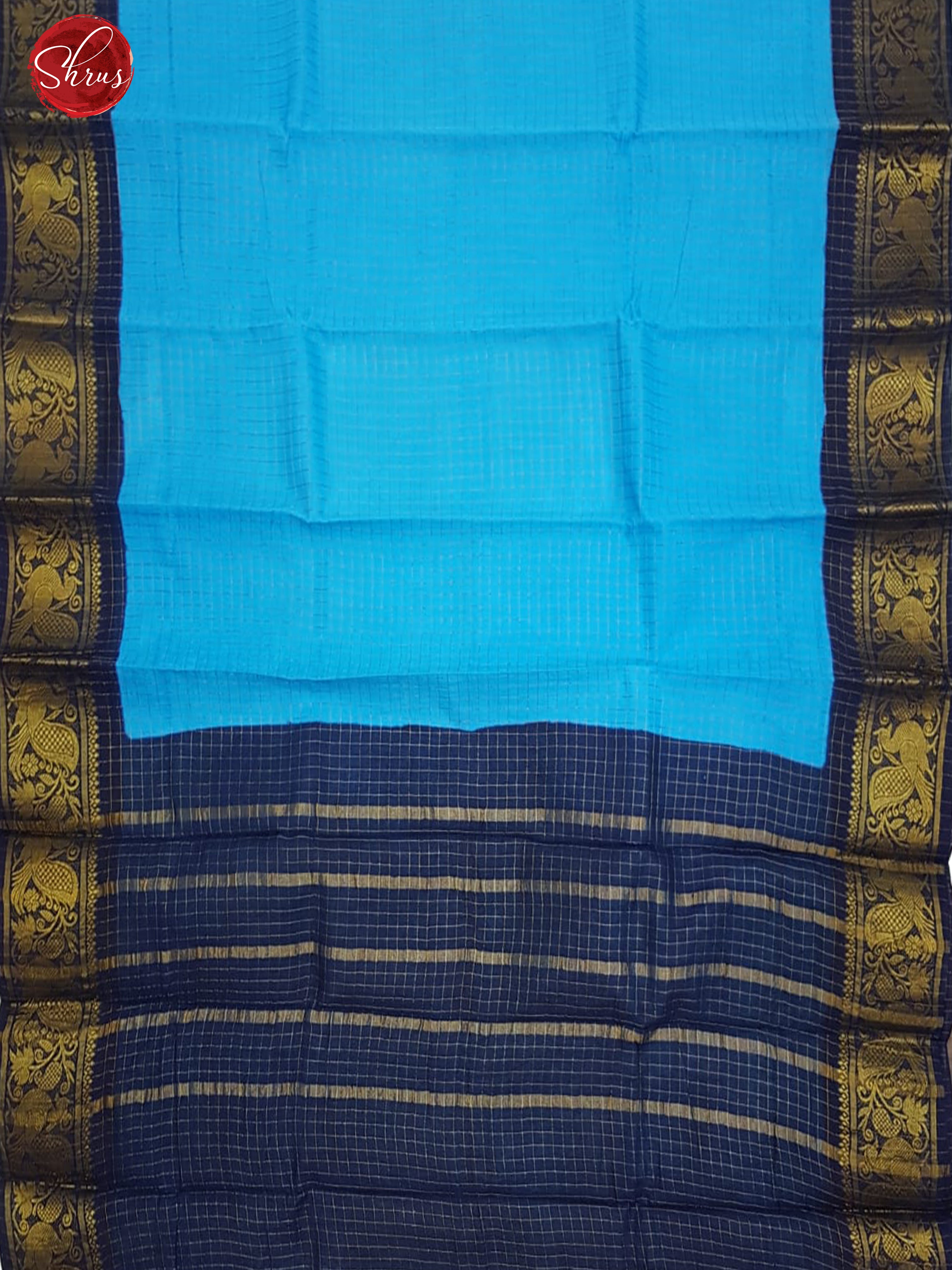 Copper Sulphate Blue & Blue- Sungudi Cotton with Zari Checks on the body & Contrast Zari Border - Shop on ShrusEternity.com