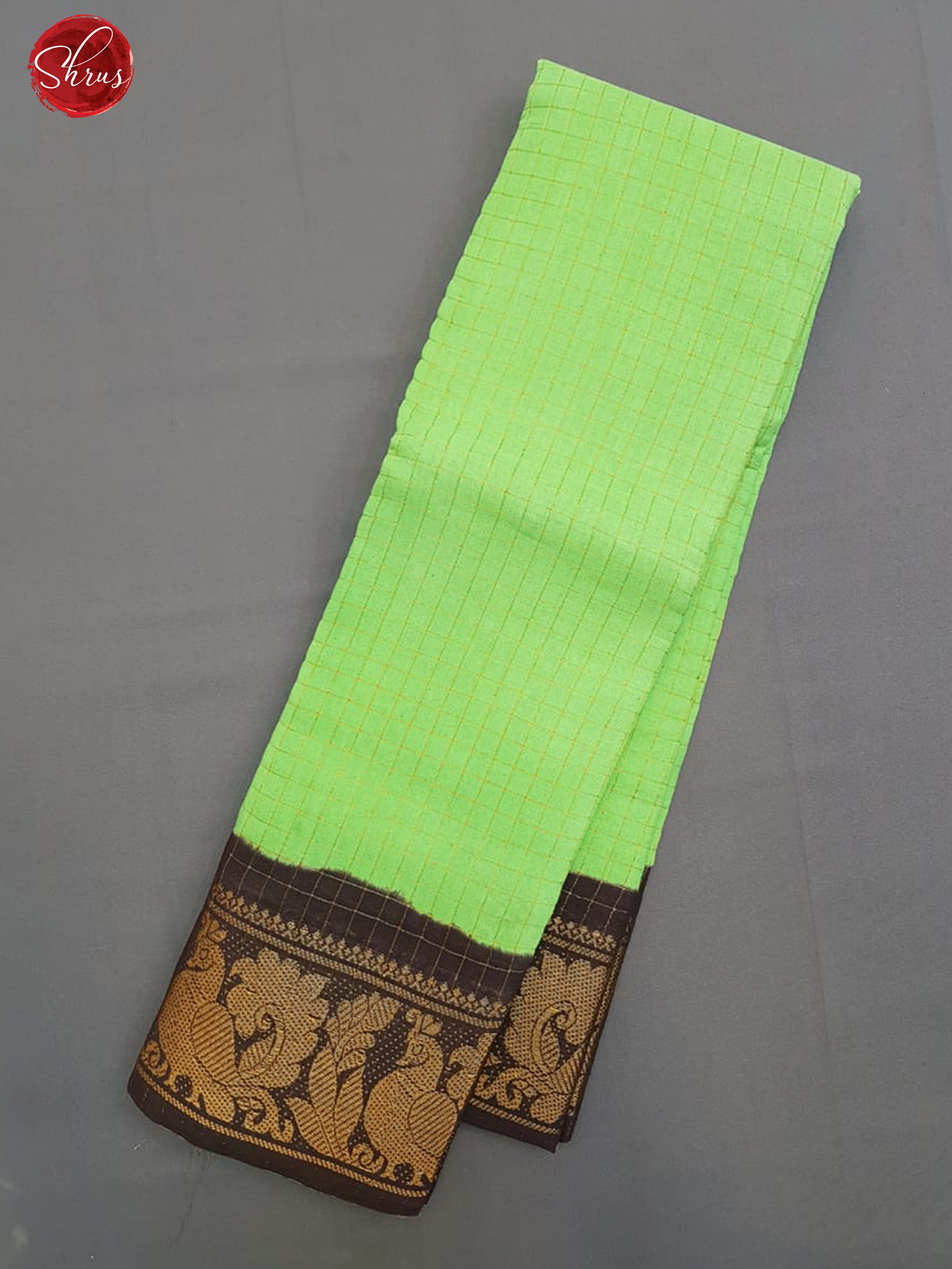 Pista Green & Brown - Sungudi Cotton with zari Checks on thebody & Contrast Zari Border - Shop on ShrusEternity.com