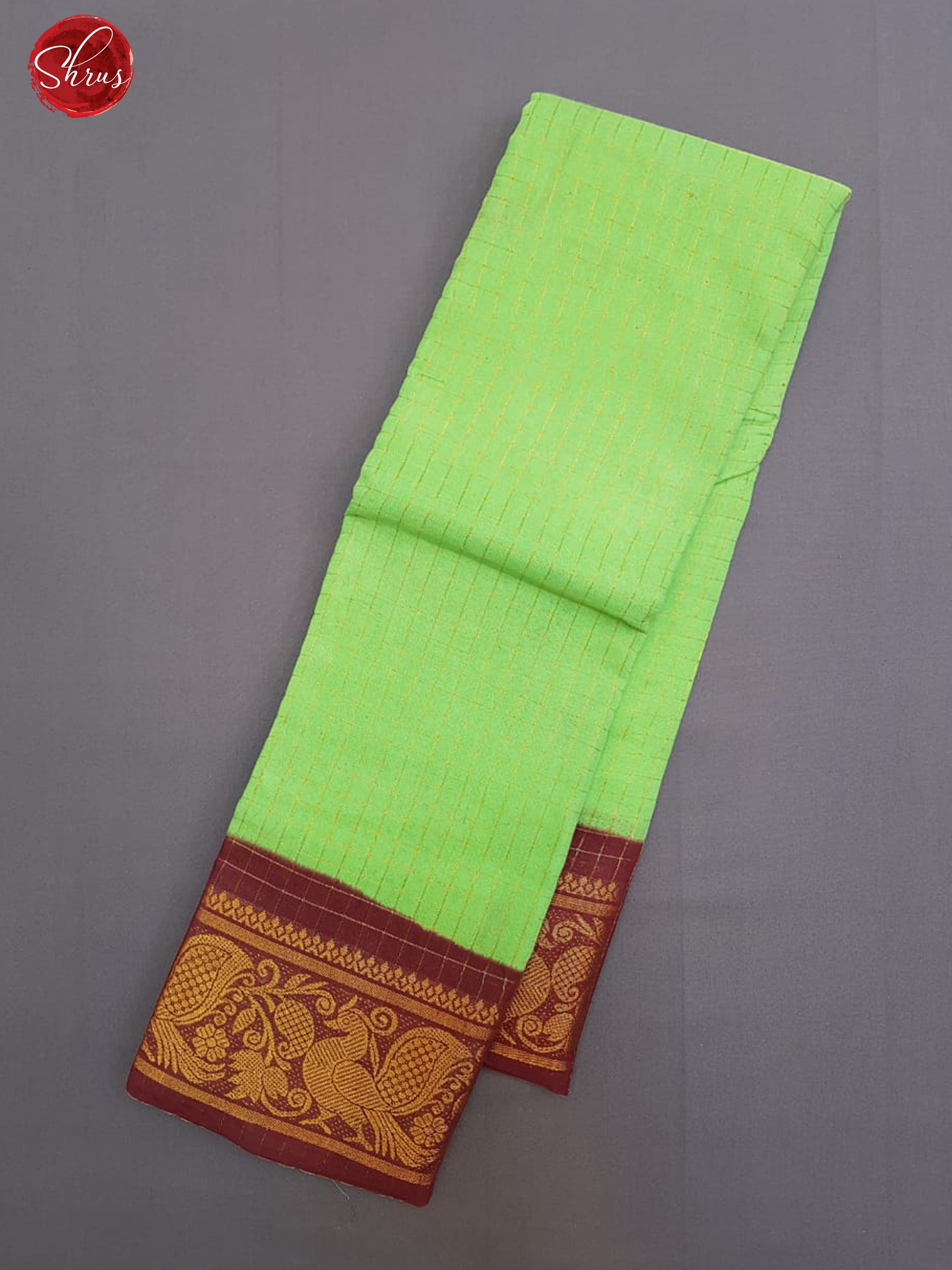 Pista Green  &  Brown - Sungudi Cotton with zari checks on the body & Contrast  Zari Border - Shop on ShrusEternity.com