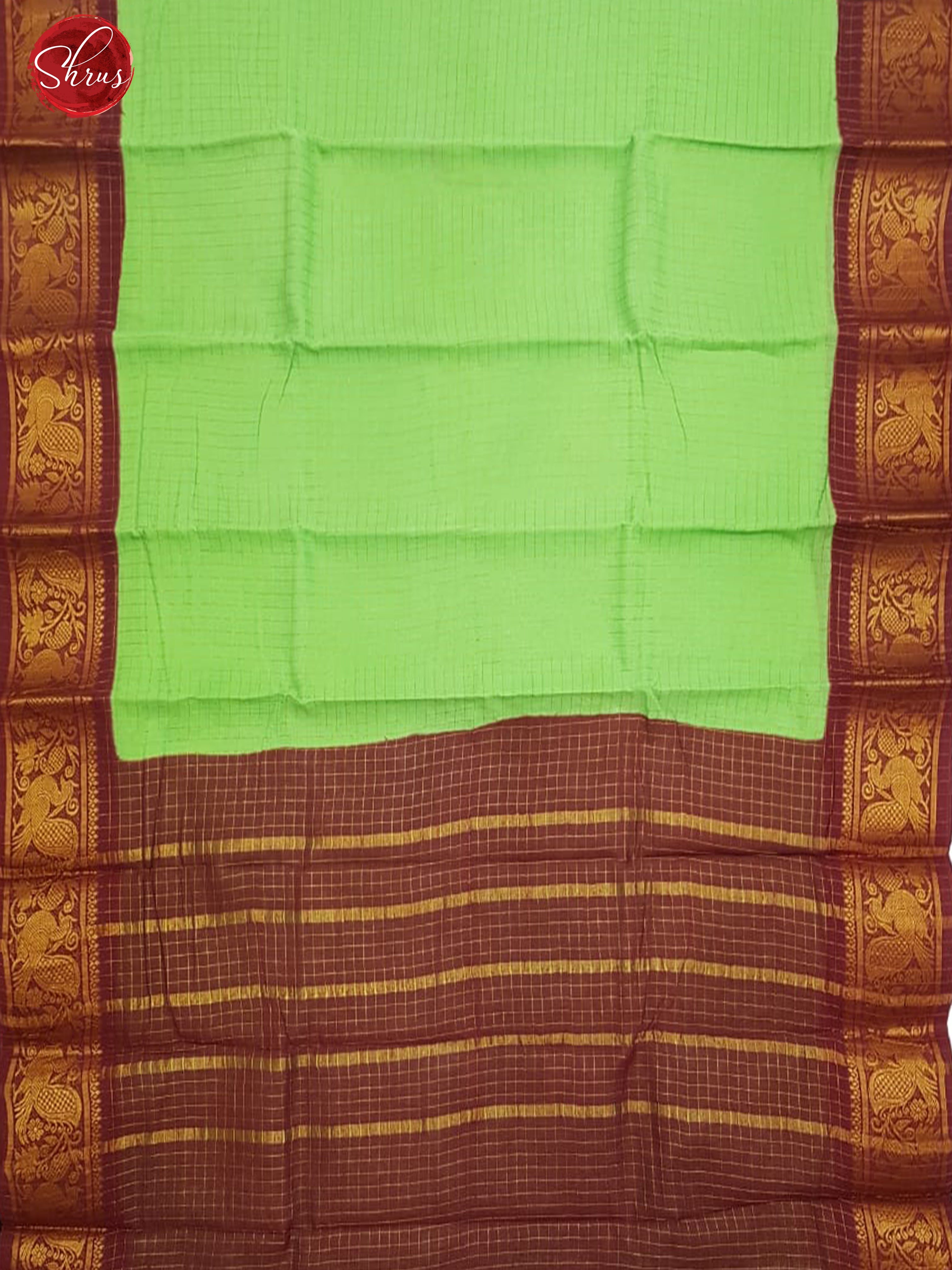 Pista Green  &  Brown - Sungudi Cotton with zari checks on the body & Contrast  Zari Border - Shop on ShrusEternity.com