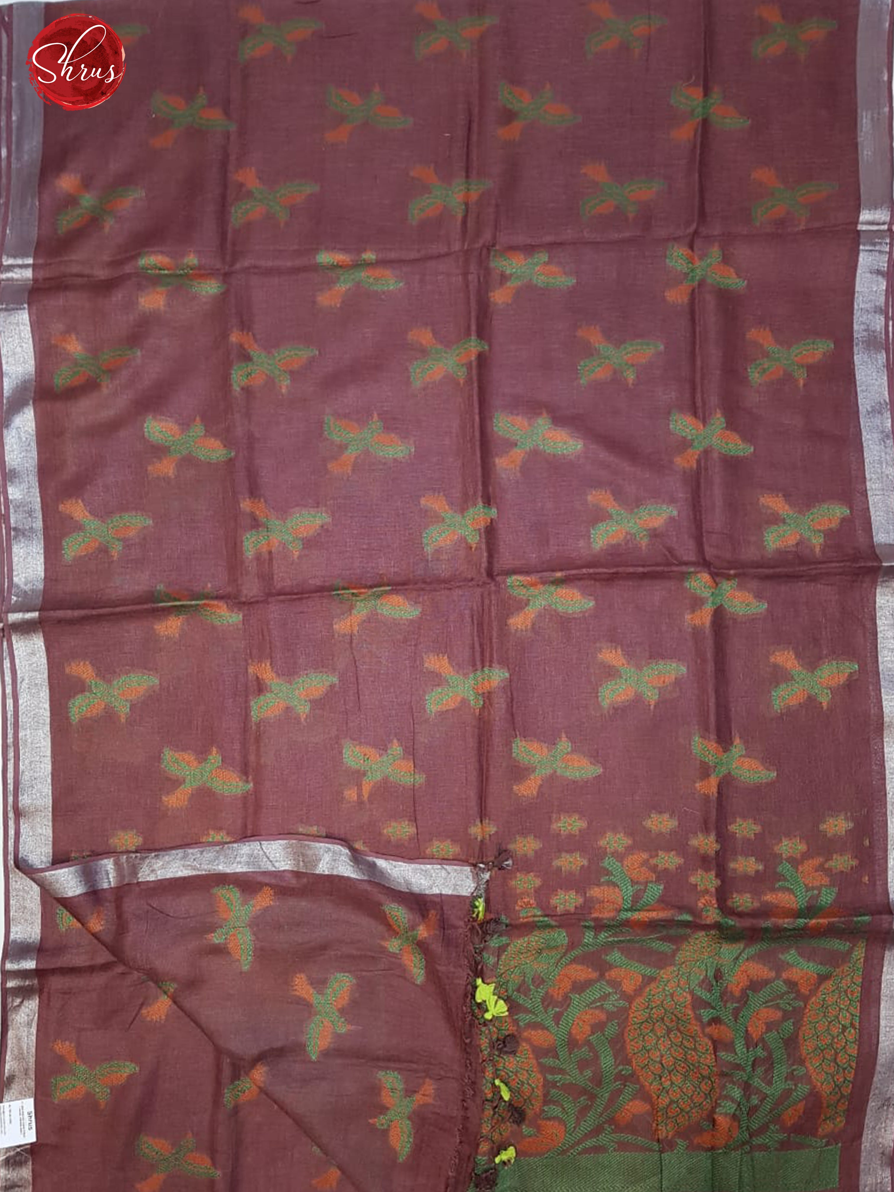 Brown(Single Tone)- Linen with thread woven birds on the body& Zari Border - Shop on ShrusEternity.com