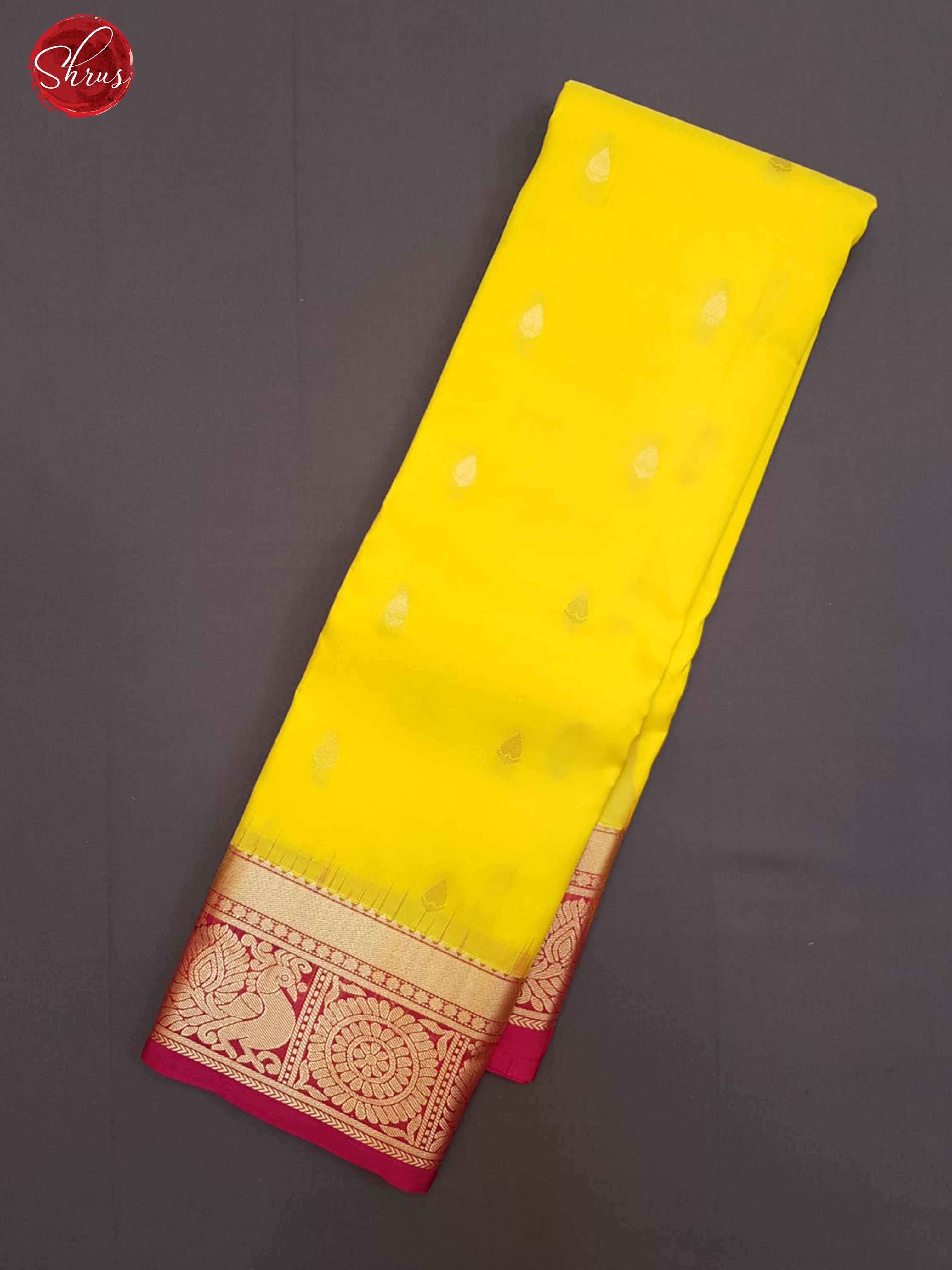 Yellow & Pink - Kanchipuram Silk with zari woven buttas on the body & Contrast Zari border - Shop on ShrusEternity.com