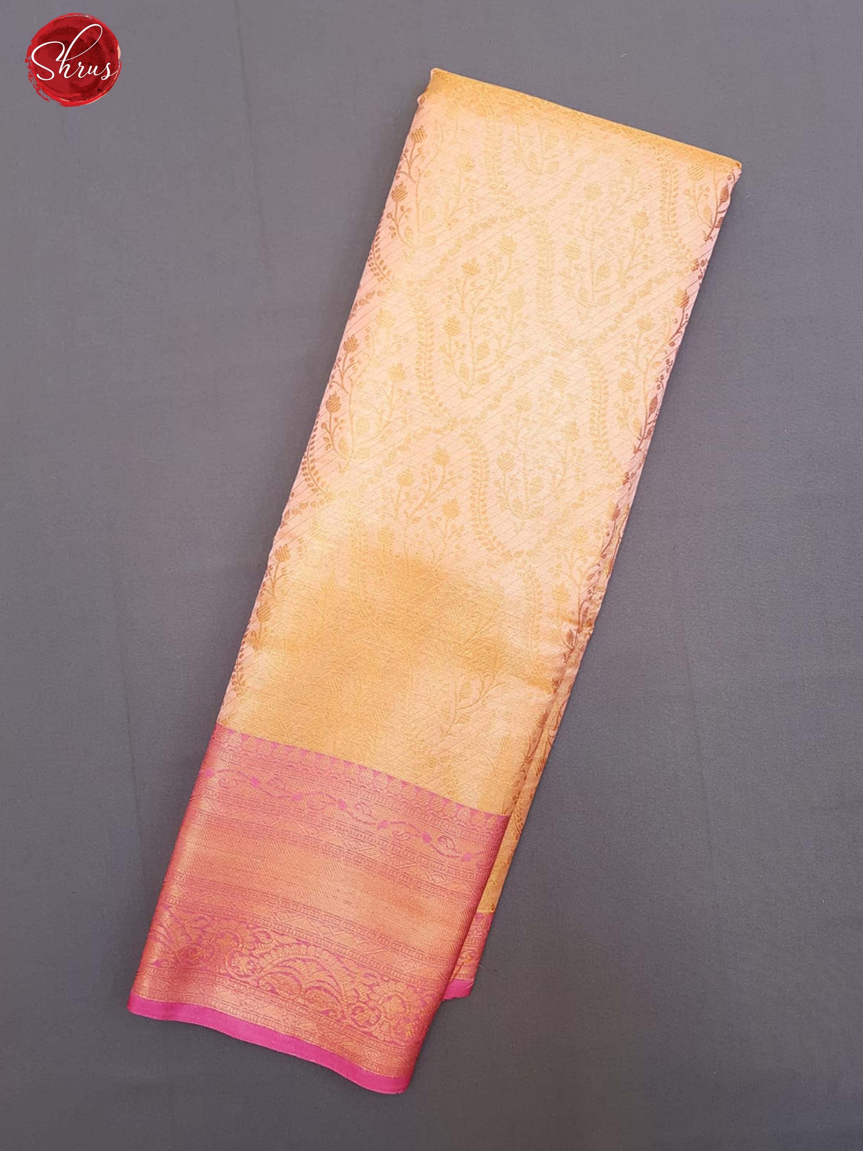 Orangish Pink  & Pink- Semi Kanchipuram Dola Silk with zari woven floral brocade on the body & Contrast Zari Border - Shop on ShrusEternity.com