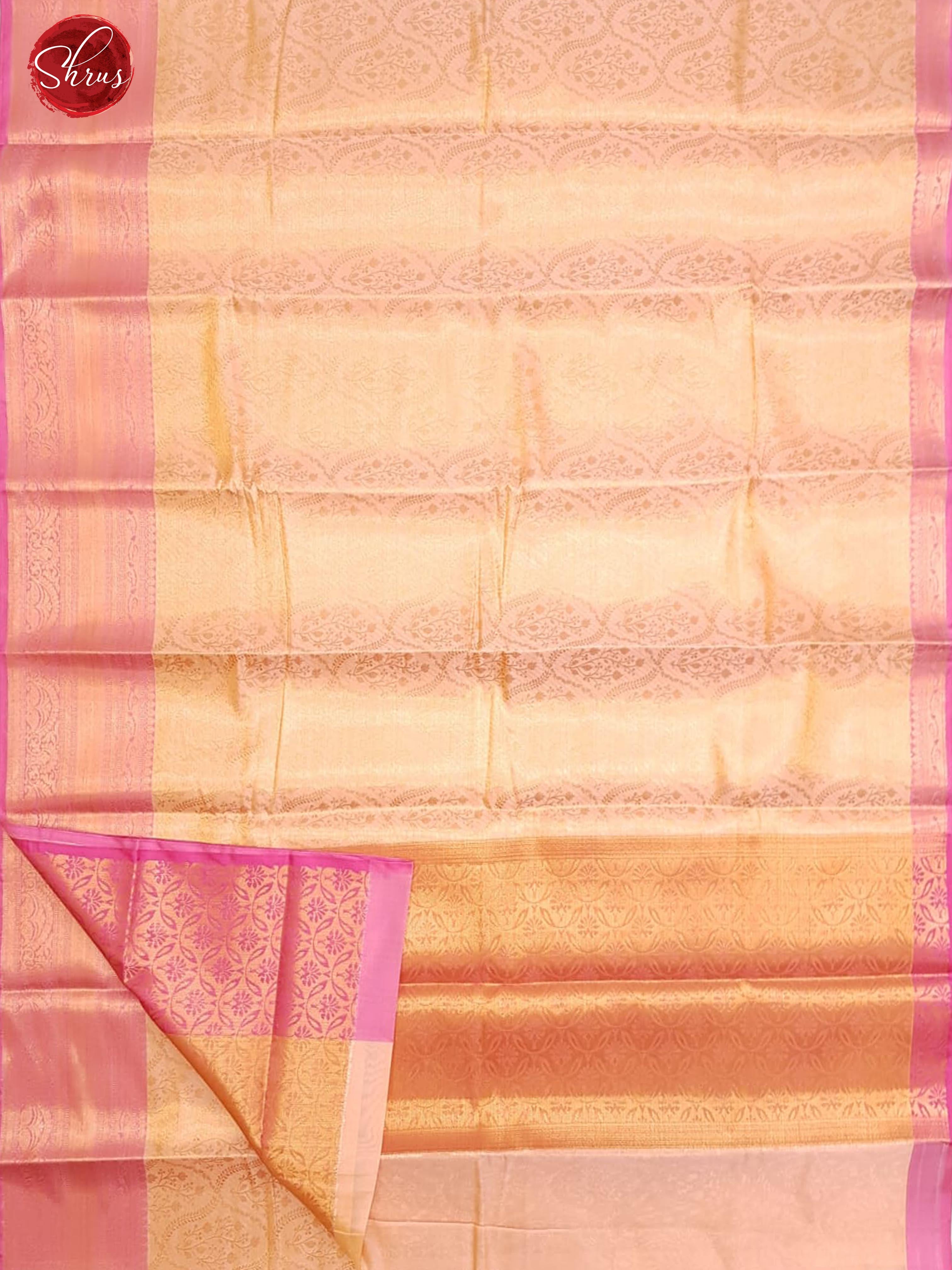 Orangish Pink  & Pink- Semi Kanchipuram Dola Silk with zari woven floral brocade on the body & Contrast Zari Border - Shop on ShrusEternity.com