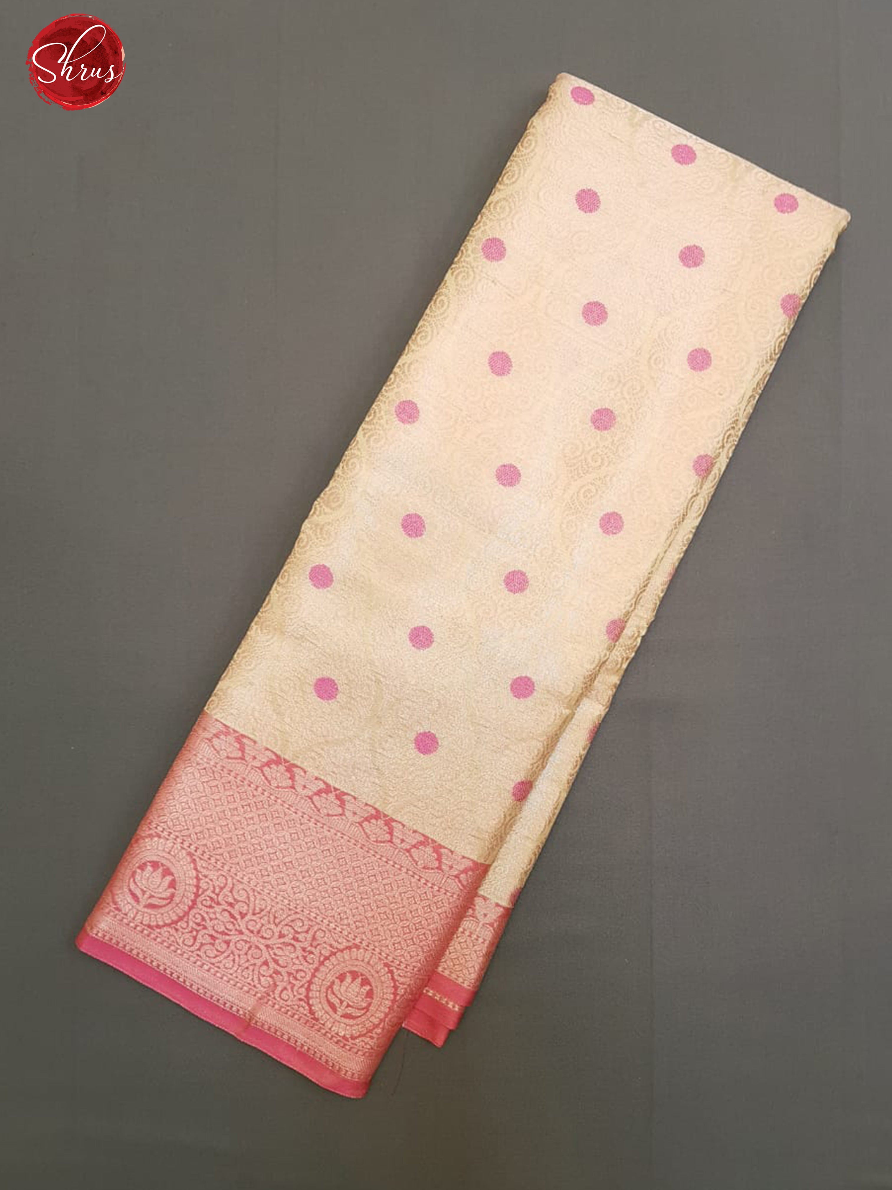 Beige & Pink- Semi Kanchipuram Dola Silk with zari woven floral brocade on the body & Contrast Zari Border - Shop on ShrusEternity.com