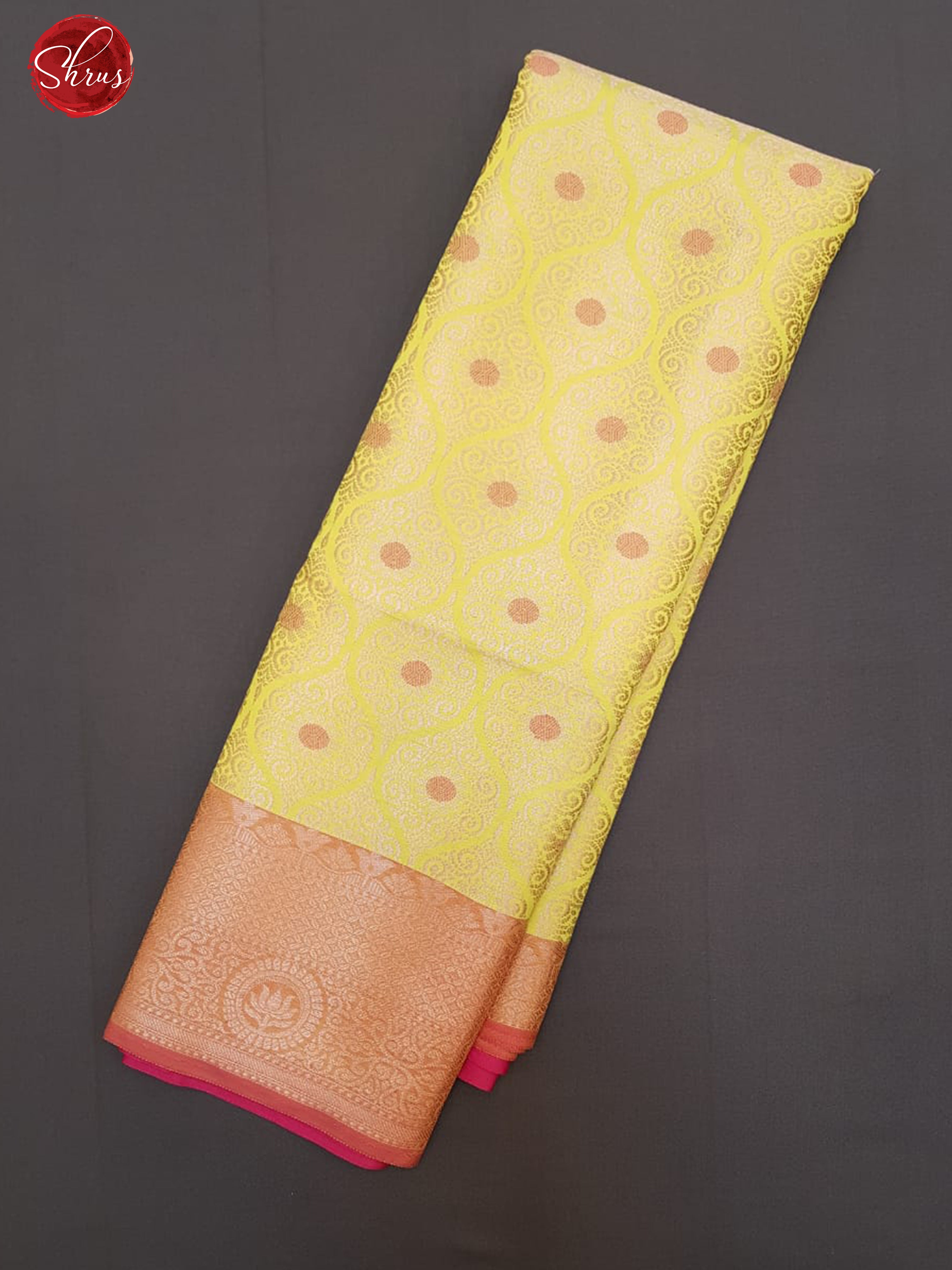 Yellow & Pink - Semi Kanchipuram Dola Silk with zari woven floral brocade on the body & Contrast Zari Borde - Shop on ShrusEternity.com