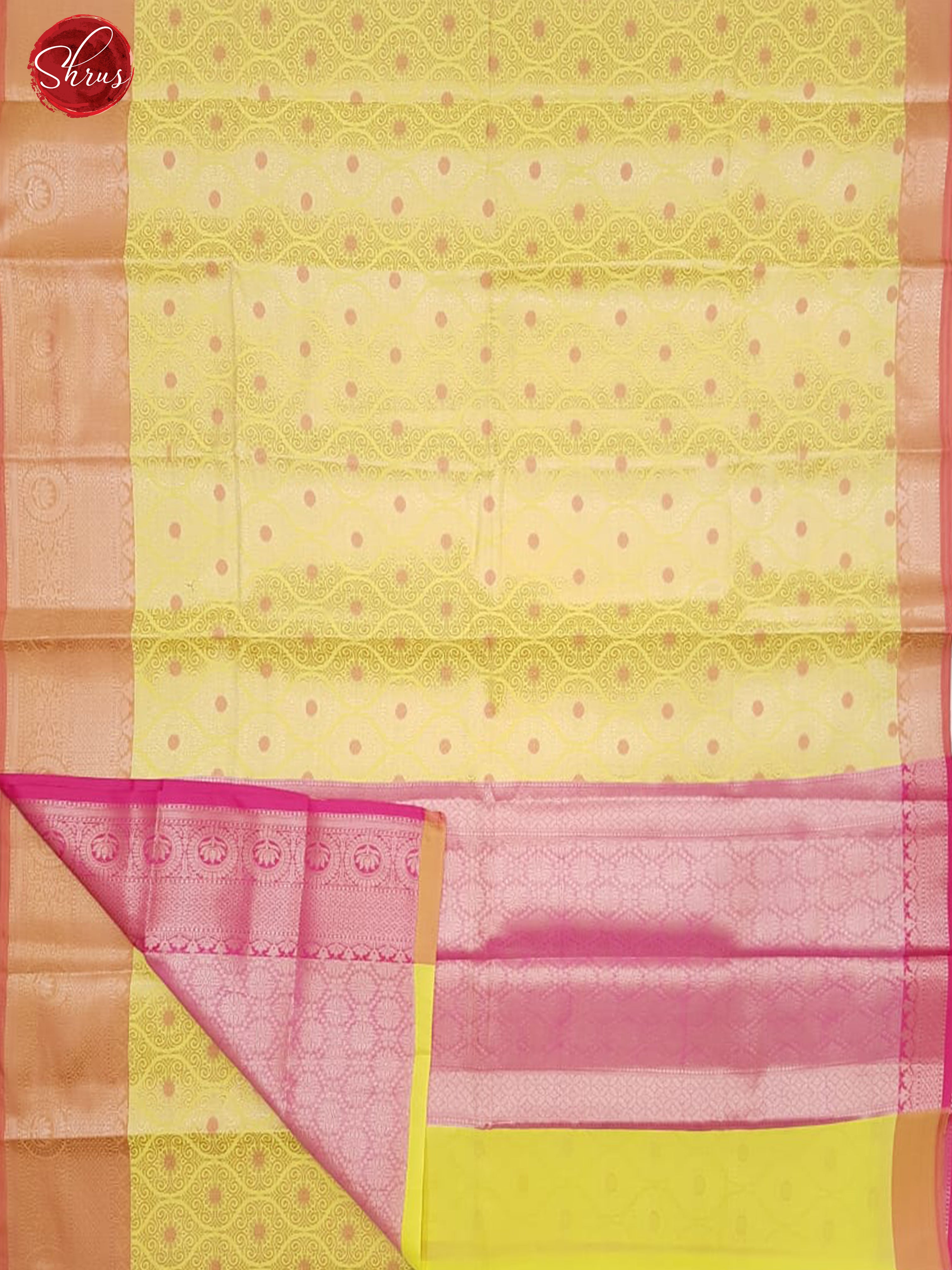 Yellow & Pink - Semi Kanchipuram Dola Silk with zari woven floral brocade on the body & Contrast Zari Borde - Shop on ShrusEternity.com