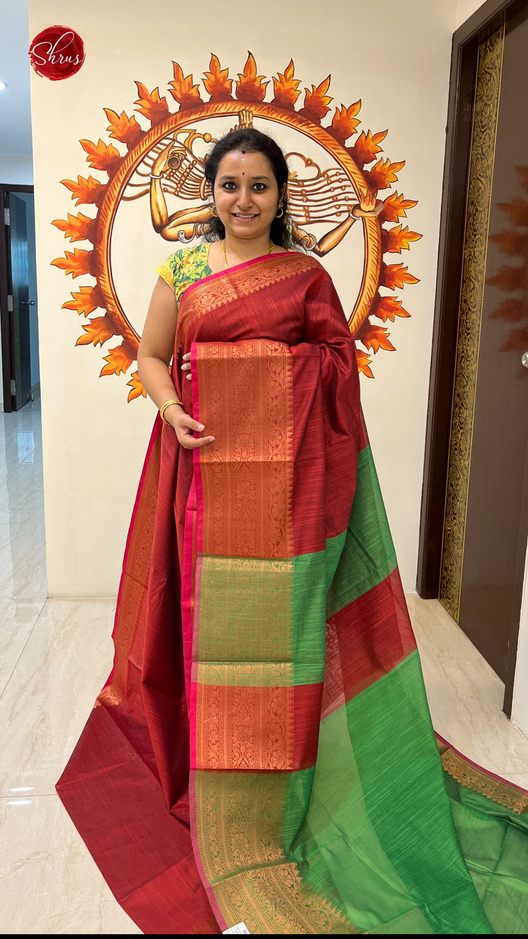 Maroon & Green - Semi SilkCotton Saree - Shop on ShrusEternity.com