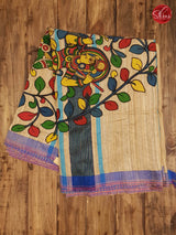 Cream & Blue -  Tussar Saree with Embroidery Pen Kalamkari - Shop on ShrusEternity.com