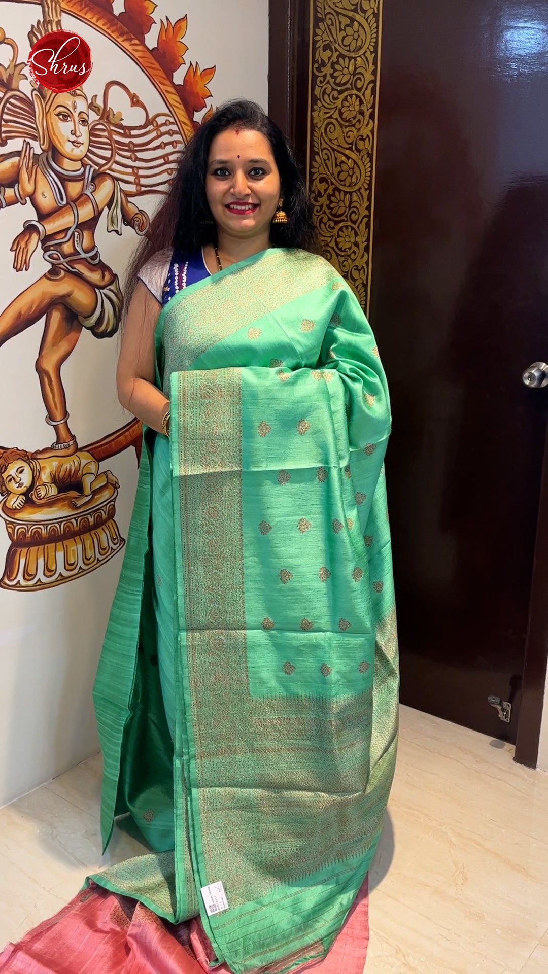 Pista Green & Peach - Dupion Silk with Zari woven floral buttas on the body & Zari Border - Shop on ShrusEternity.com