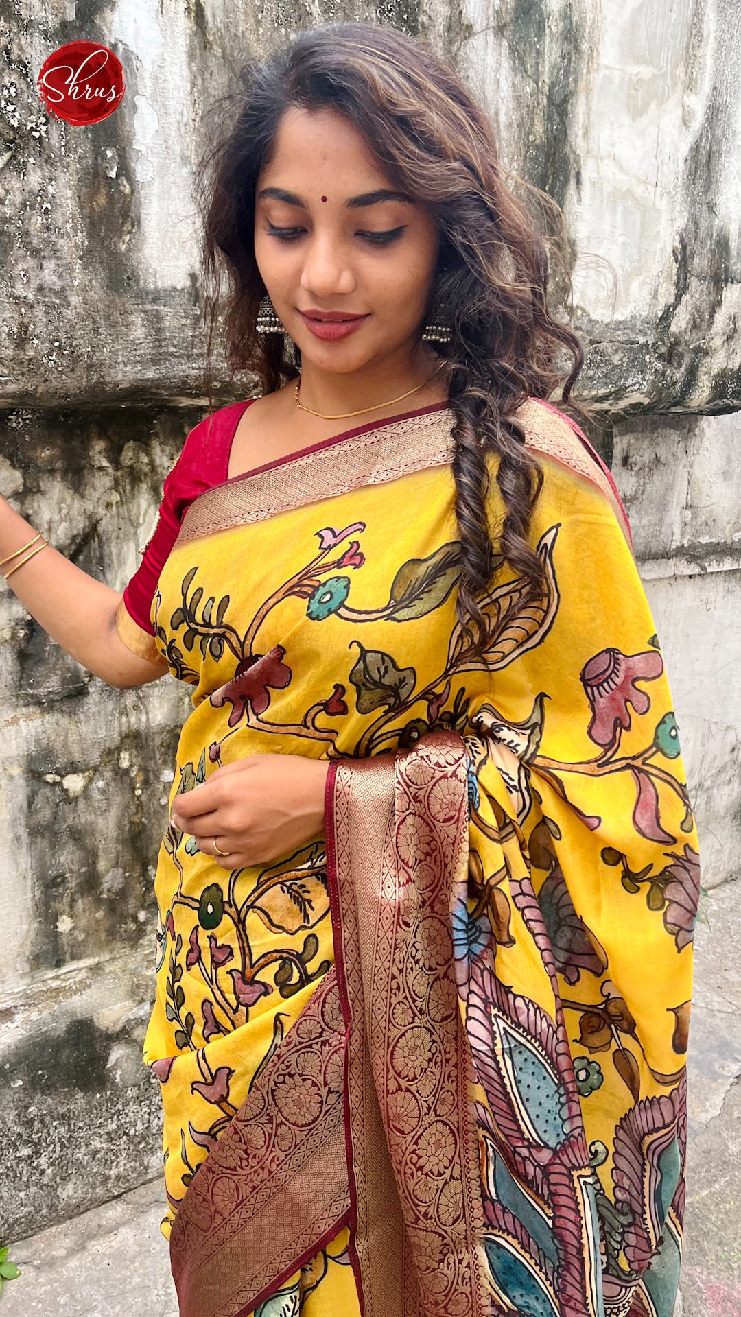 Yellow and Maroon - Semi crepe saree - Shop on ShrusEternity.com