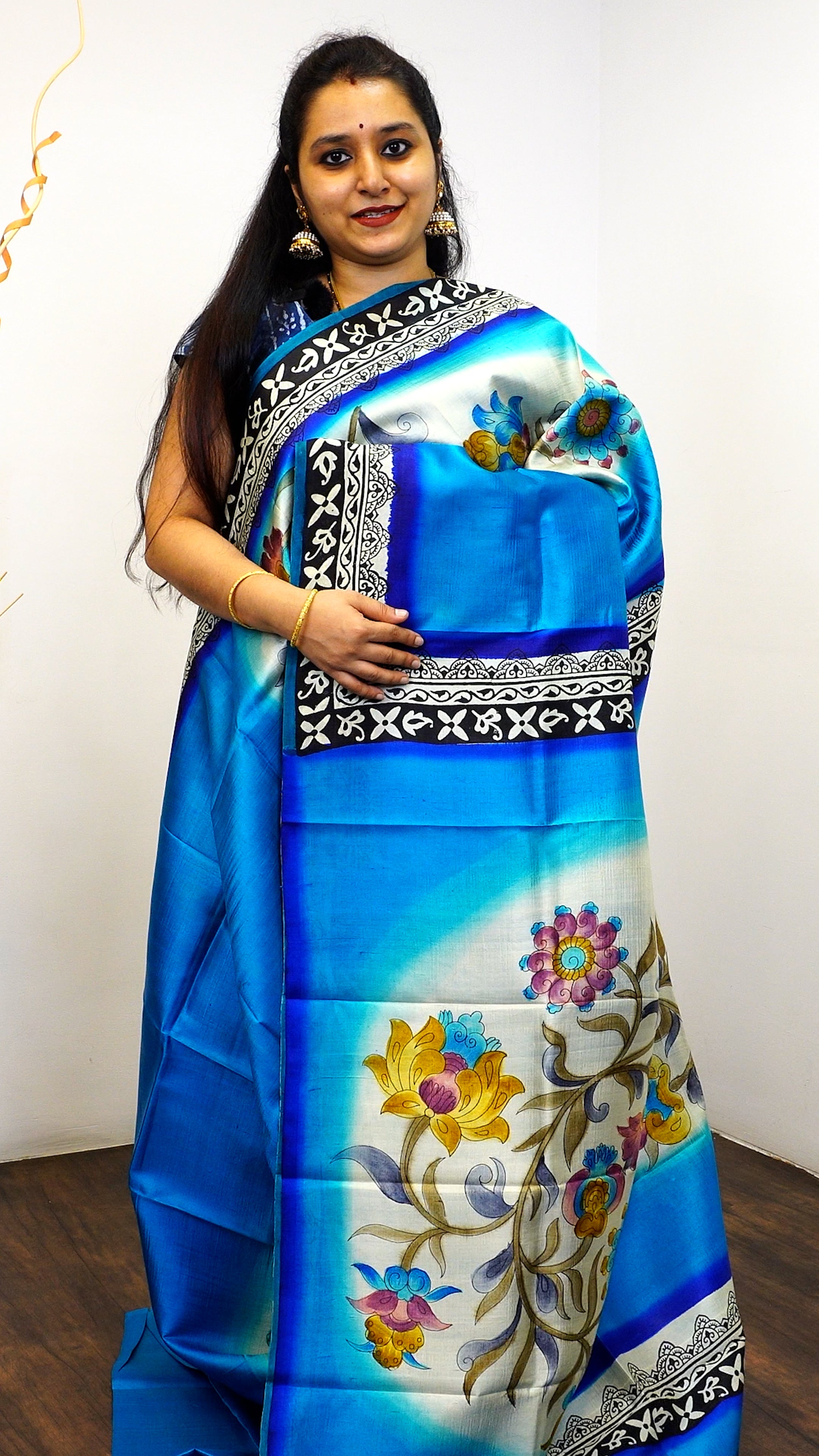 Blue & White - Murshidabad Silk with Hand Paint - Shop on ShrusEternity.com