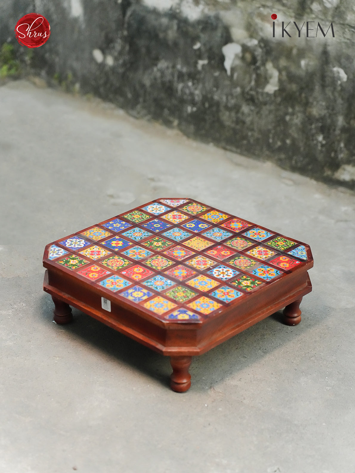 Handcrafted Multicolored Chowkie adorned with small Tiles (Jungle Wood) - Shop on ShrusEternity.com